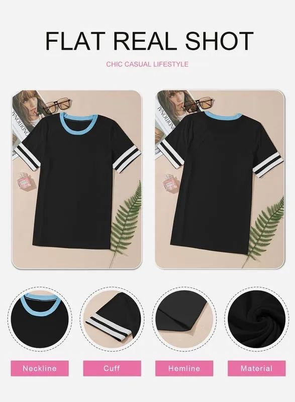 SHEWIN Women's Fashion Casual Crewneck Color Block T Shirts Short Sleeve Summer Tops Tees Slim Fit