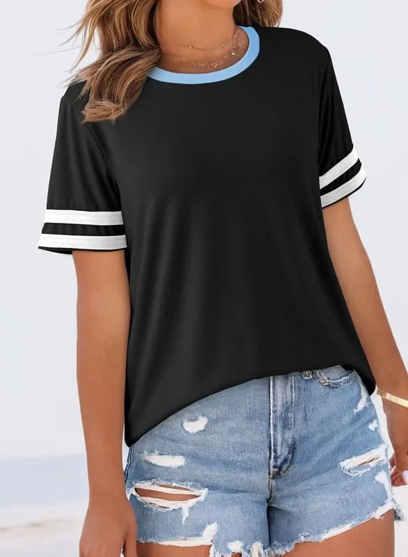 SHEWIN Women's Fashion Casual Crewneck Color Block T Shirts Short Sleeve Summer Tops Tees Slim Fit