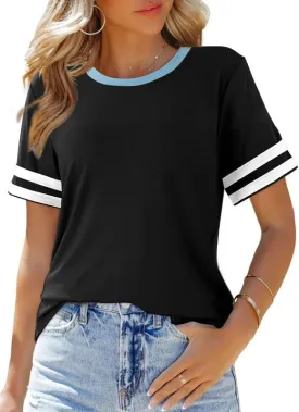 SHEWIN Women's Fashion Casual Crewneck Color Block T Shirts Short Sleeve Summer Tops Tees Slim Fit
