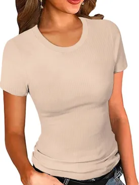 Slim Fit Women Short Sleeve Shirt Crew Neck Fitted Tight Tee Shirt Basic Ribbed Knit Top Going Out Workout Outfits