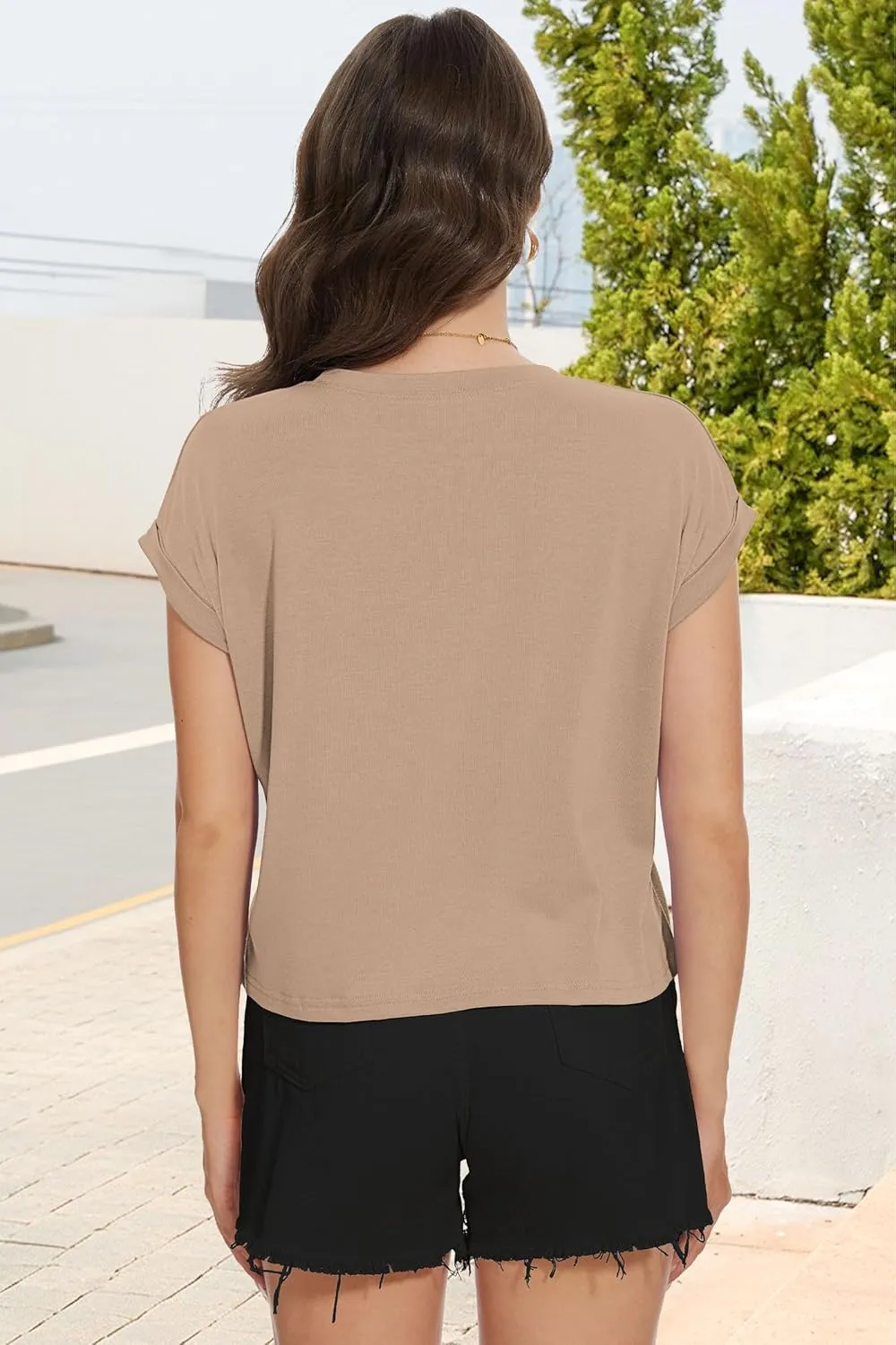 Summer Short Sleeve Crop Tops Womens Crewneck Roll Cap Sleeve T Shirts Loose Fit Basic Tees