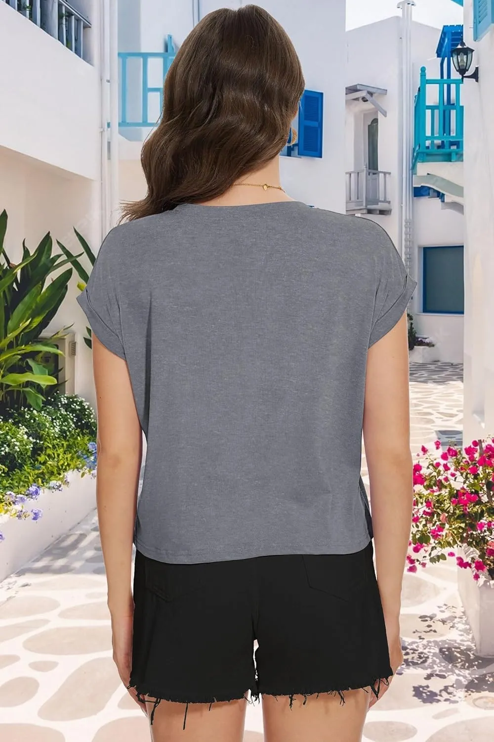 Summer Short Sleeve Crop Tops Womens Crewneck Roll Cap Sleeve T Shirts Loose Fit Basic Tees