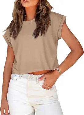 Summer Short Sleeve Crop Tops Womens Crewneck Roll Cap Sleeve T Shirts Loose Fit Basic Tees