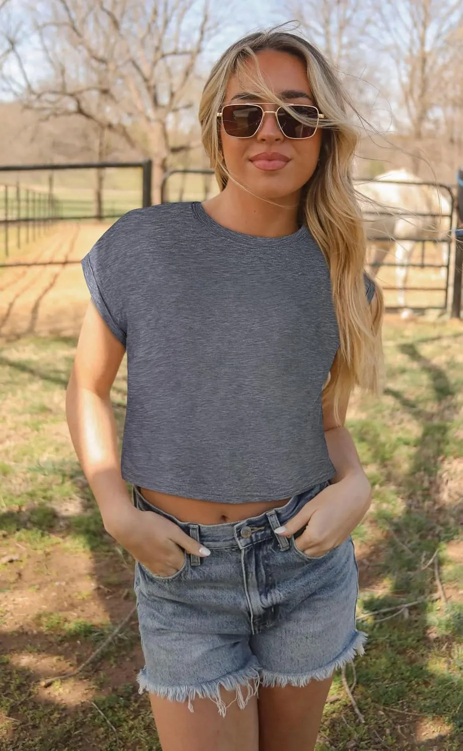 Summer Short Sleeve Crop Tops Womens Crewneck Roll Cap Sleeve T Shirts Loose Fit Basic Tees