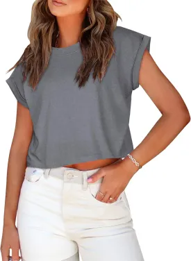 Summer Short Sleeve Crop Tops Womens Crewneck Roll Cap Sleeve T Shirts Loose Fit Basic Tees
