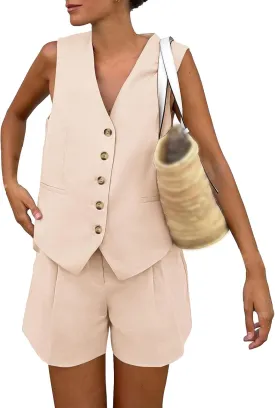 Summer Two Piece Sets for Women Sleeveless V Neck Button Down Blazer Vest and High Waisted Work Suit Short Set