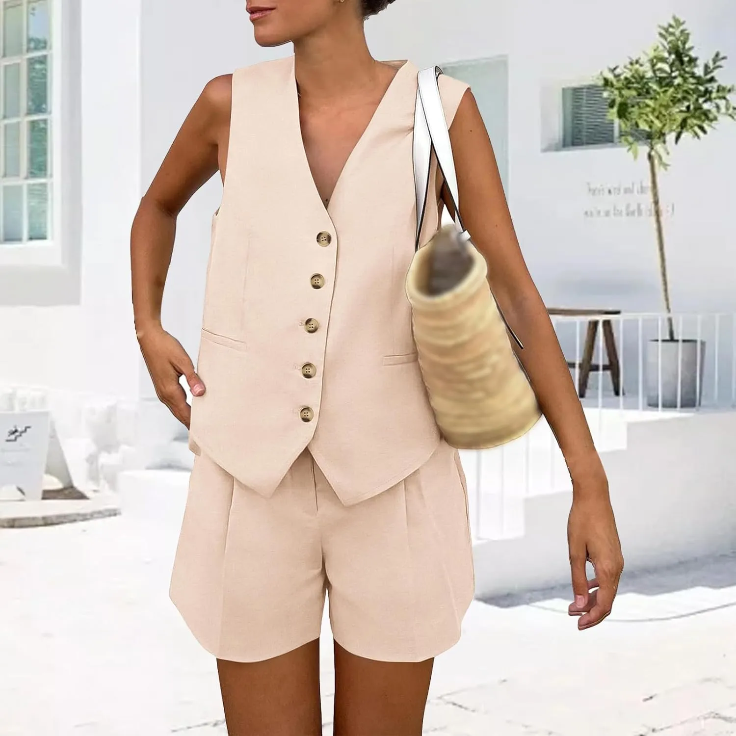 Summer Two Piece Sets for Women Sleeveless V Neck Button Down Blazer Vest and High Waisted Work Suit Short Set
