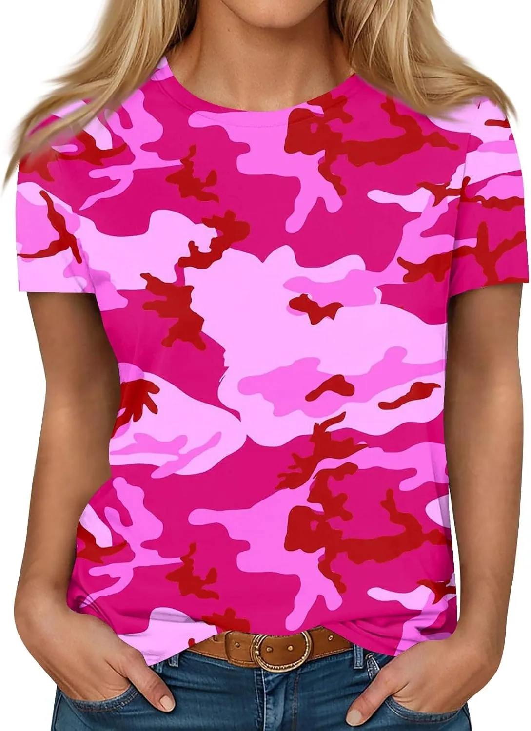 T Shirts for Women Camouflage Print Cute Going Out Tops Short Sleeve Crew Neck Shirts Blouses Casual Clothes Trendy S-5xl
