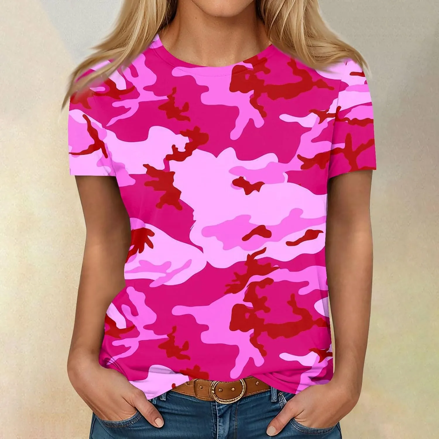 T Shirts for Women Camouflage Print Cute Going Out Tops Short Sleeve Crew Neck Shirts Blouses Casual Clothes Trendy S-5xl