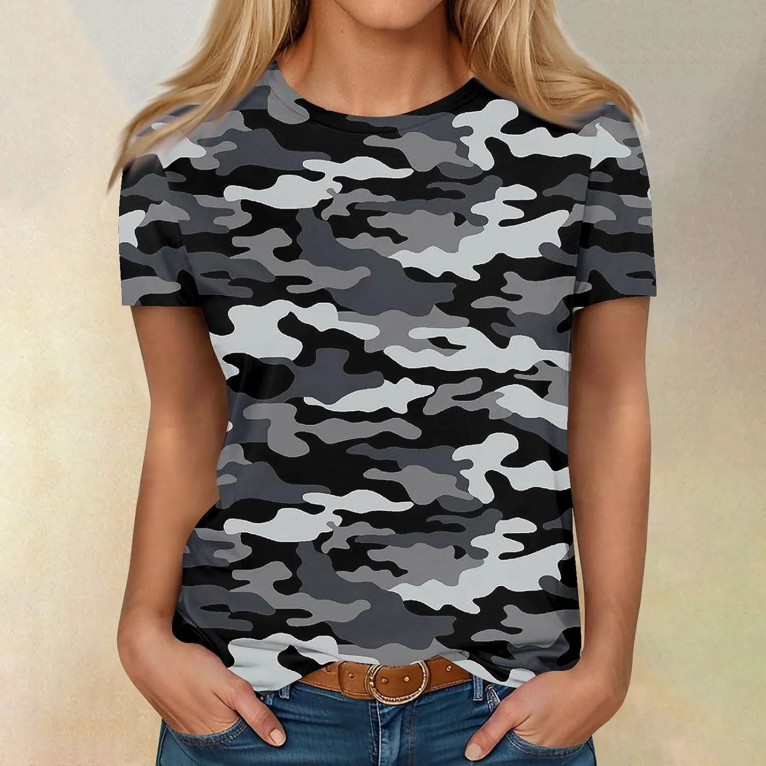 T Shirts for Women Camouflage Print Cute Going Out Tops Short Sleeve Crew Neck Shirts Blouses Casual Clothes Trendy S-5xl