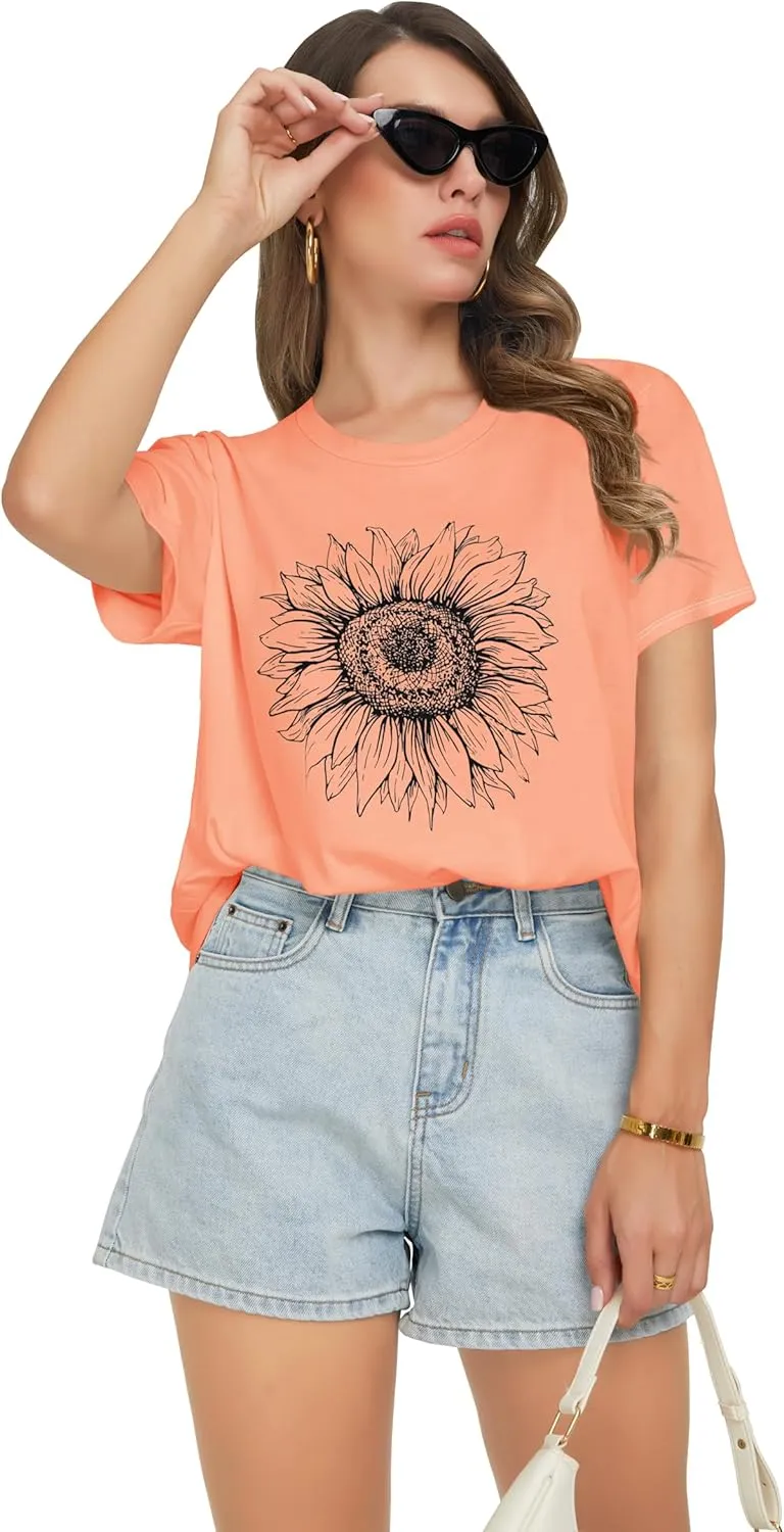 T Shirts for Women Summer Short Sleeve Crewneck Casual Cute Graphic Basic Tees Tops