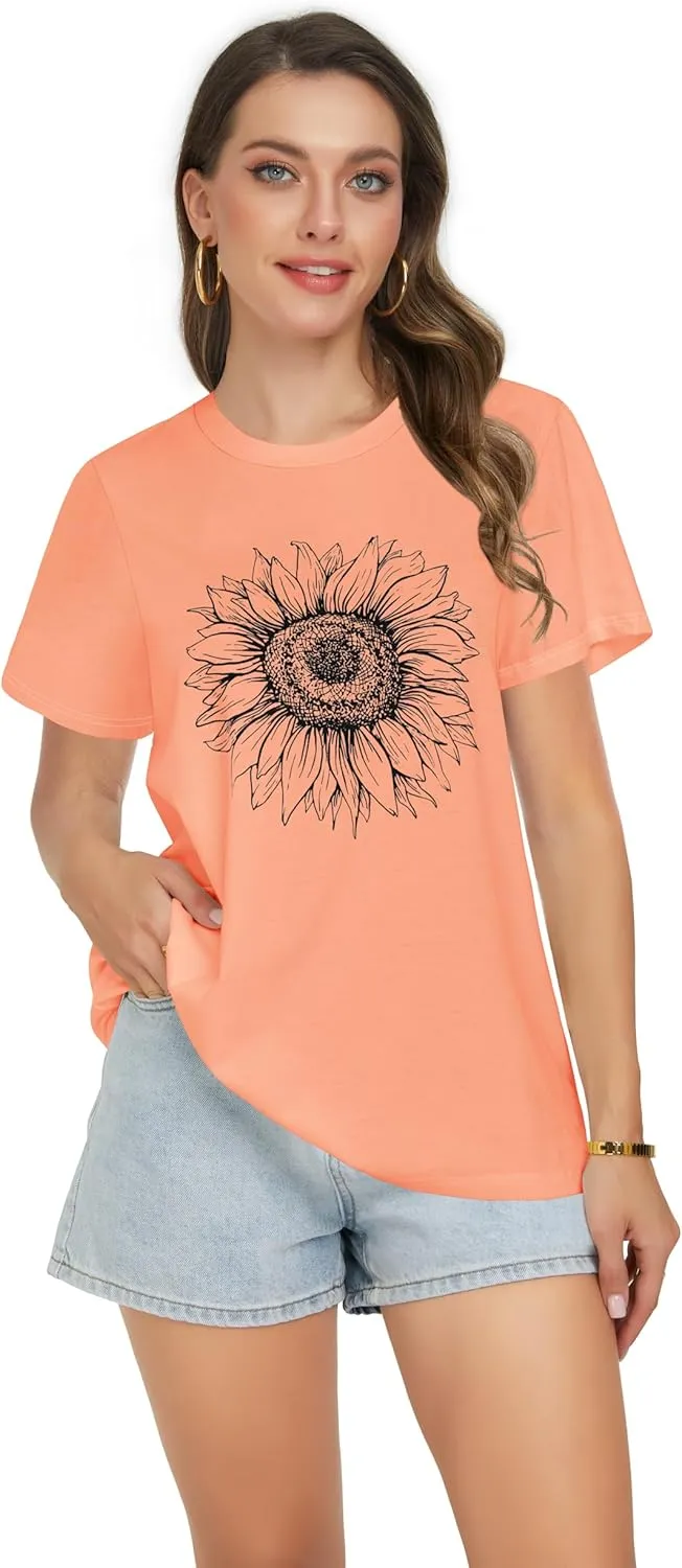 T Shirts for Women Summer Short Sleeve Crewneck Casual Cute Graphic Basic Tees Tops