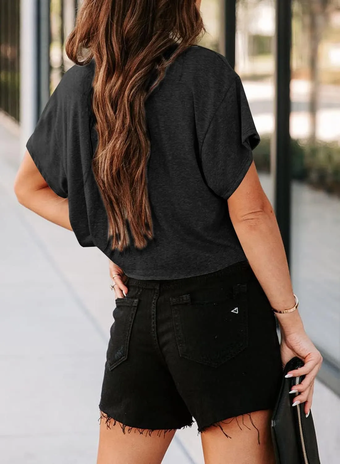 Tankaneo Women Short Sleeve Cropped T-Shirts Crew Neck Loose Crop Tops Summer Casual Drop Shoulder Basic Tees