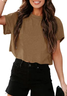 Tankaneo Women Short Sleeve Cropped T-Shirts Crew Neck Loose Crop Tops Summer Casual Drop Shoulder Basic Tees