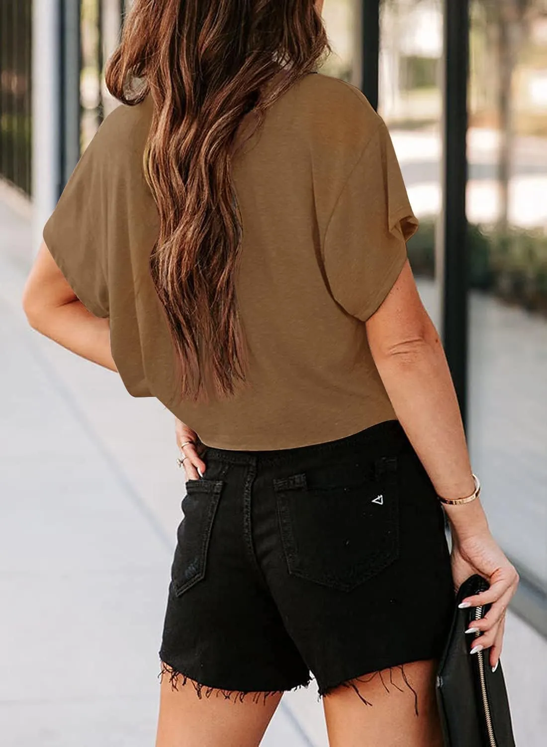 Tankaneo Women Short Sleeve Cropped T-Shirts Crew Neck Loose Crop Tops Summer Casual Drop Shoulder Basic Tees