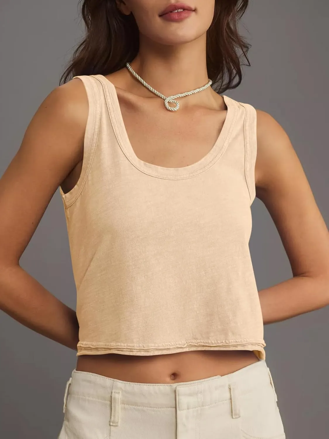 Tankaneo Womens Scoop Neck Cropped Tank Tops Summer Casual Cotton Workout Sleeveless Shirts Loose Fit Basic Tees