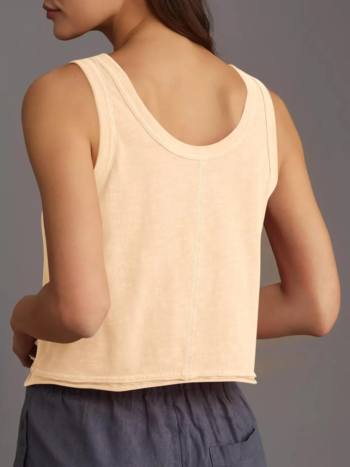 Tankaneo Womens Scoop Neck Cropped Tank Tops Summer Casual Cotton Workout Sleeveless Shirts Loose Fit Basic Tees