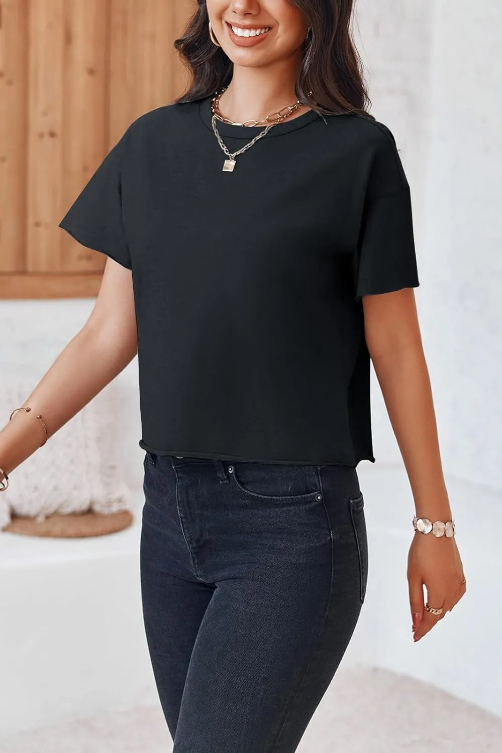 Tankaneo Womens Summer Crop Tops Short Sleeve Crew Neck Boxy T-Shirts Casual Basic Tees
