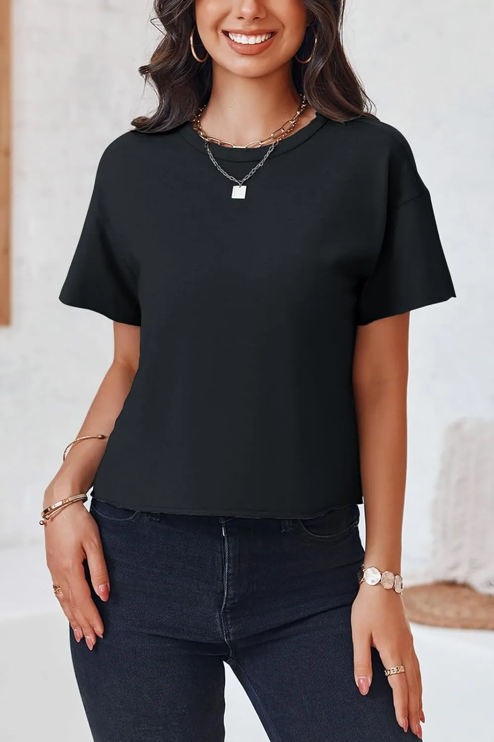 Tankaneo Womens Summer Crop Tops Short Sleeve Crew Neck Boxy T-Shirts Casual Basic Tees