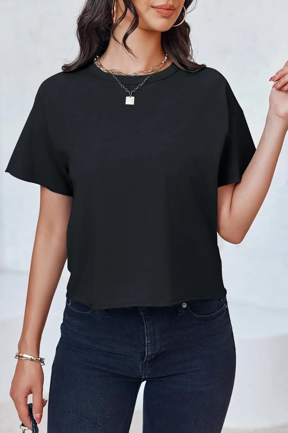 Tankaneo Womens Summer Crop Tops Short Sleeve Crew Neck Boxy T-Shirts Casual Basic Tees