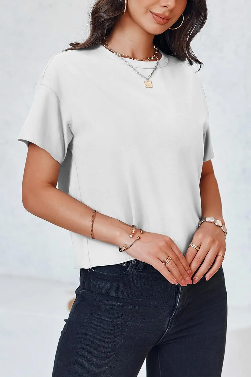 Tankaneo Womens Summer Crop Tops Short Sleeve Crew Neck Boxy T-Shirts Casual Basic Tees