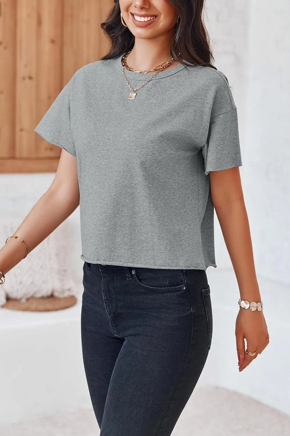 Tankaneo Womens Summer Crop Tops Short Sleeve Crew Neck Boxy T-Shirts Casual Basic Tees