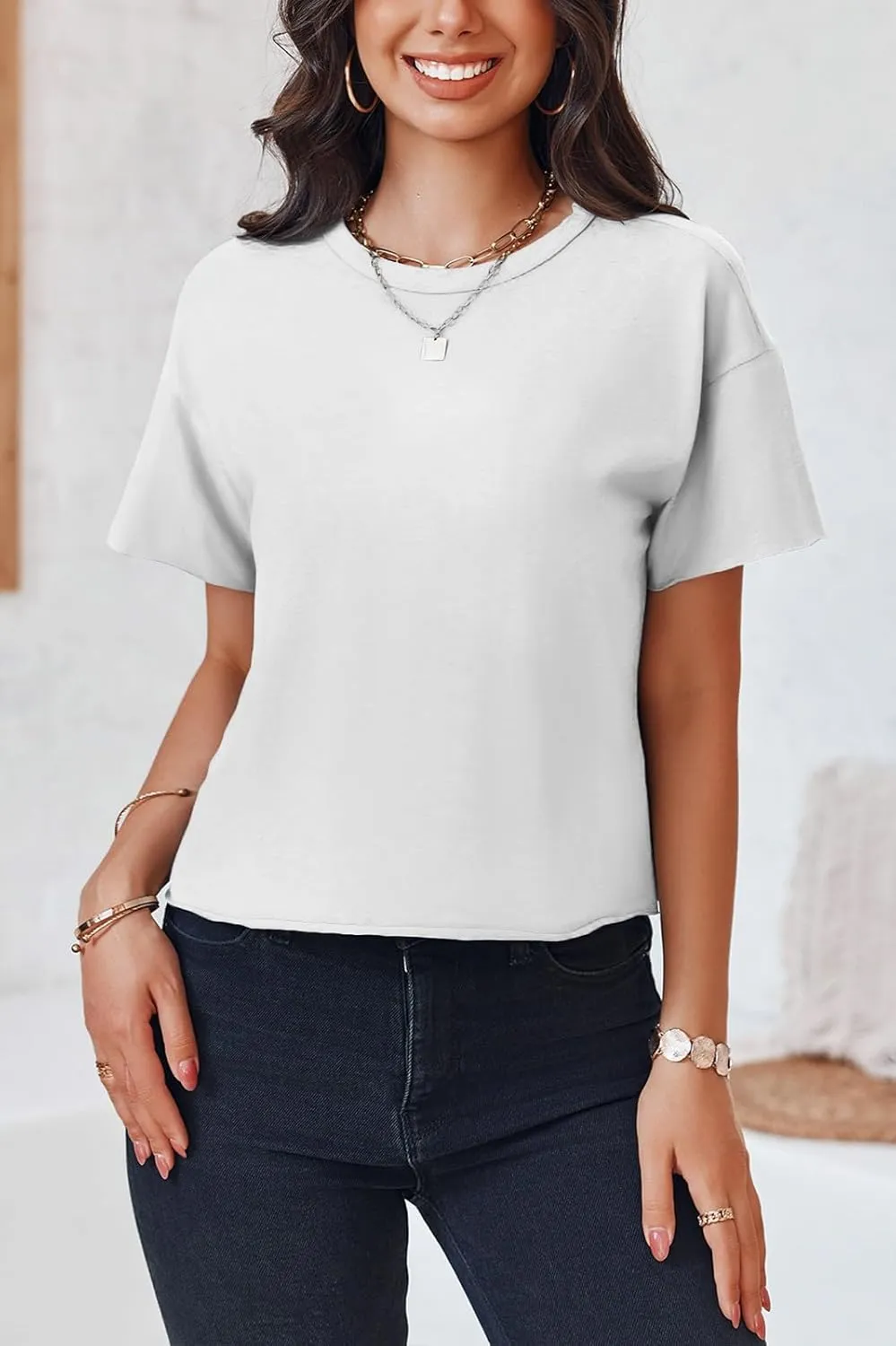 Tankaneo Womens Summer Crop Tops Short Sleeve Crew Neck Boxy T-Shirts Casual Basic Tees