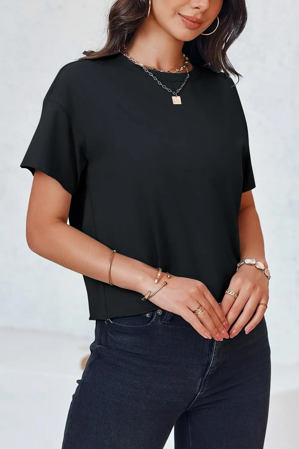 Tankaneo Womens Summer Crop Tops Short Sleeve Crew Neck Boxy T-Shirts Casual Basic Tees