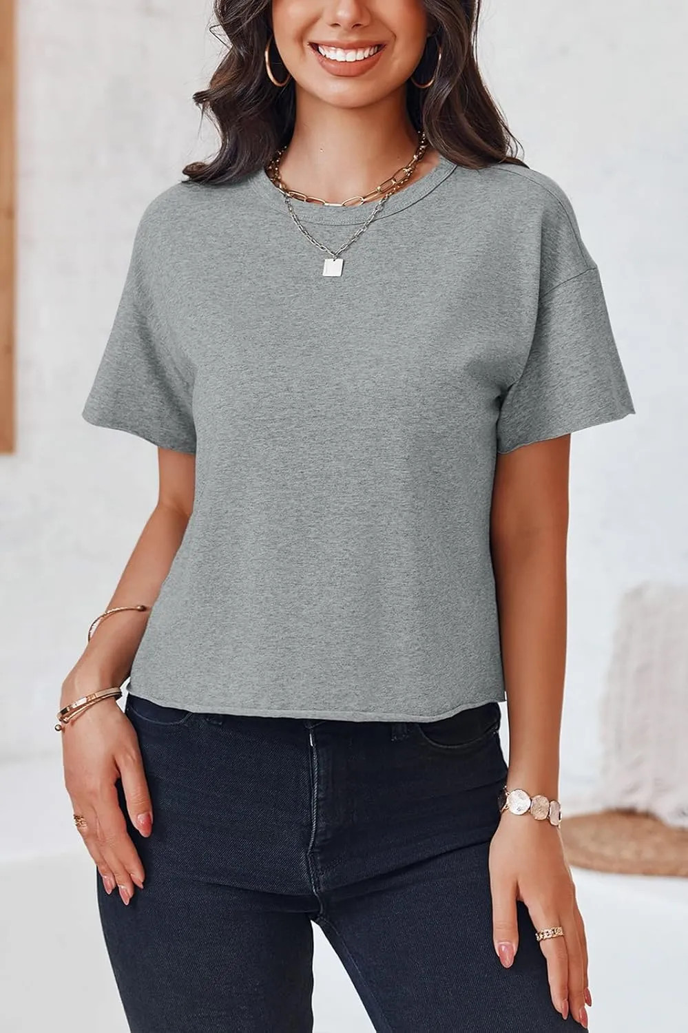Tankaneo Womens Summer Crop Tops Short Sleeve Crew Neck Boxy T-Shirts Casual Basic Tees