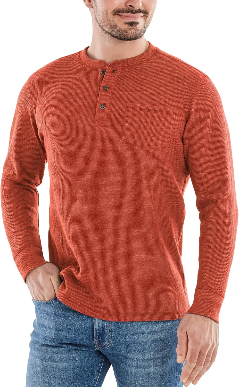 The American Outdoorsman Long-Sleeve Waffle Knit Thermal Henley Shirts with Pocket for Men