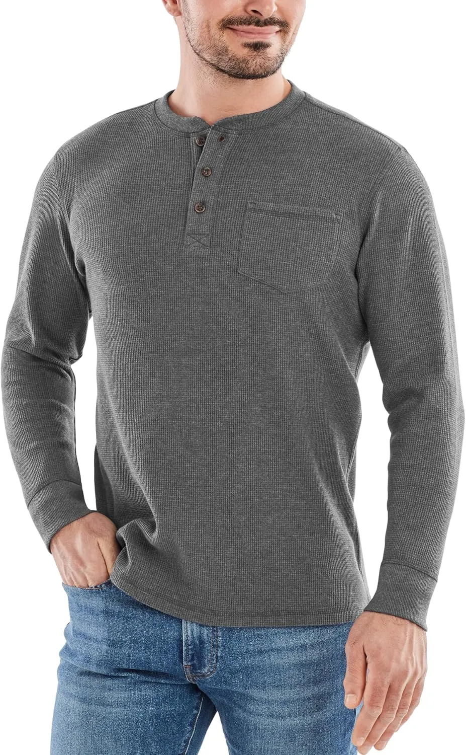 The American Outdoorsman Long-Sleeve Waffle Knit Thermal Henley Shirts with Pocket for Men