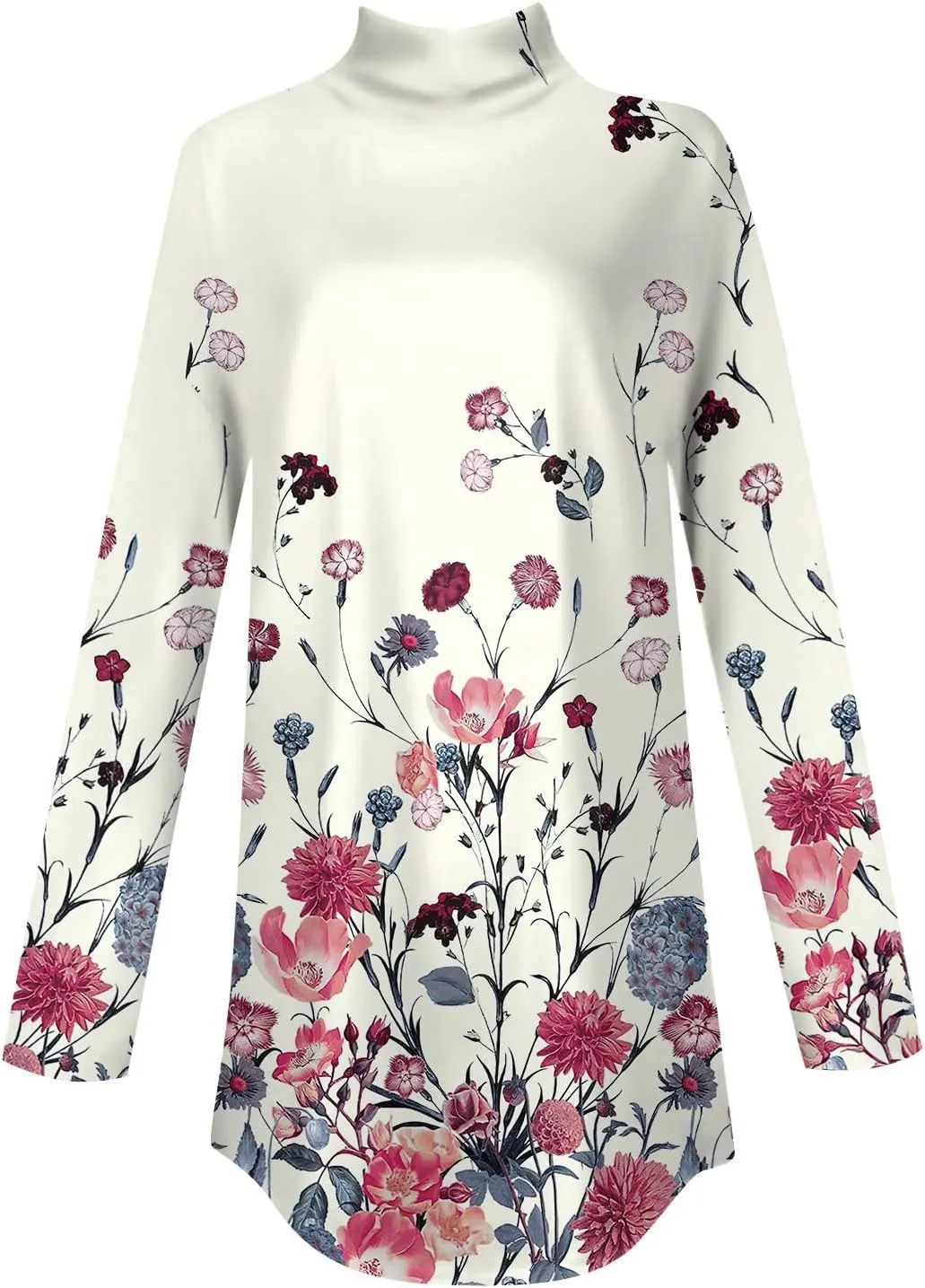Tunic Tops for Women Loose Fit Fall Long Sleeve Shirts Mock Neck Work Tops Turtle Neck Side Split Floral Print Blouses