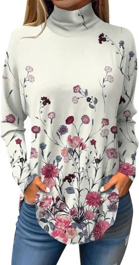 Tunic Tops for Women Loose Fit Fall Long Sleeve Shirts Mock Neck Work Tops Turtle Neck Side Split Floral Print Blouses