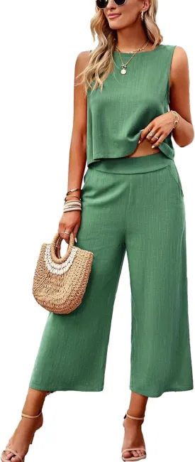 Wanzetaly Women's Summer 2 Piece Outfits Sleeveless Round Neck Tank Crop Basic Top Capri Wide Leg Pants Set with Pockets
