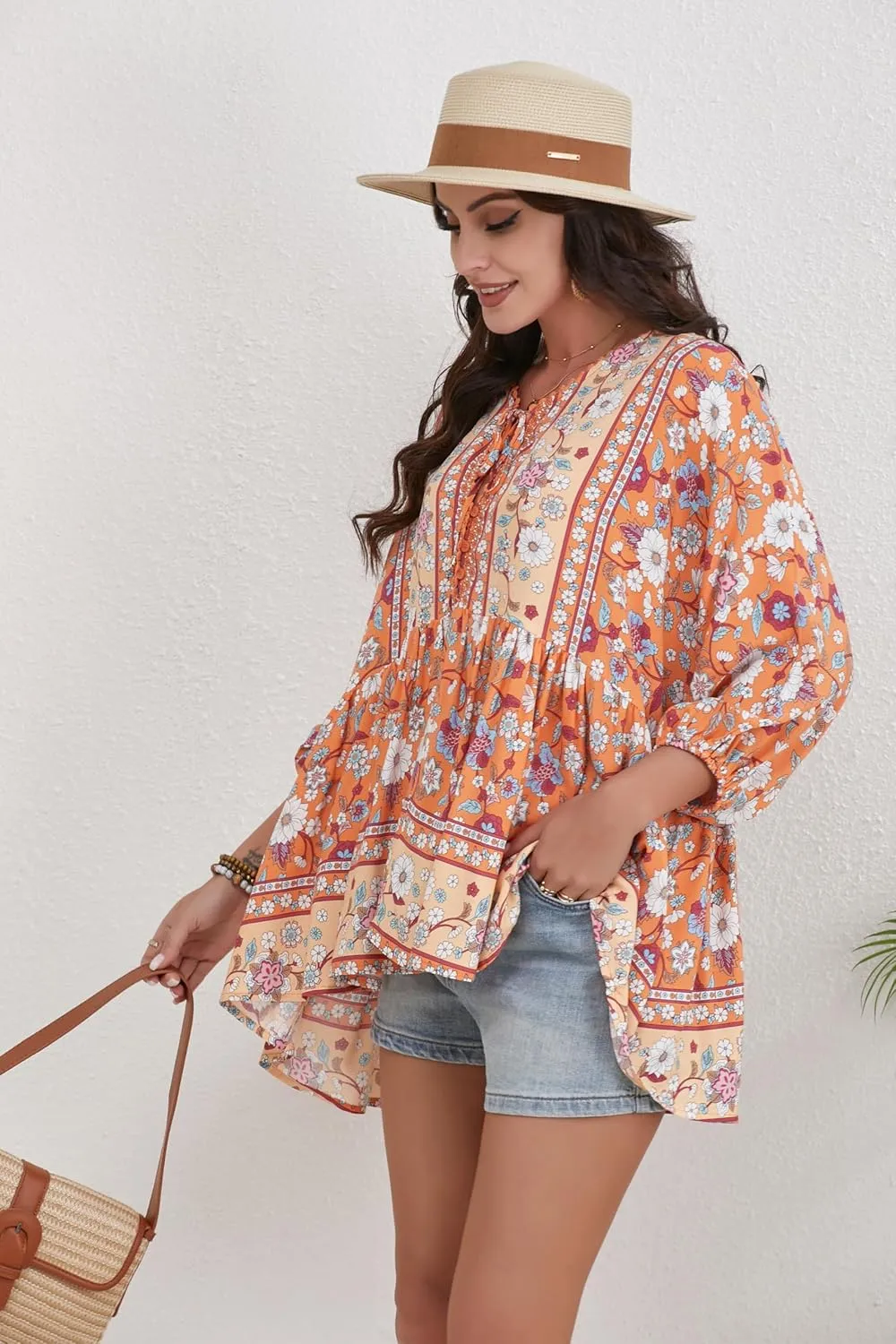 Women Boho V-Neck 3/4 Sleeves Tunic Top Relaxed Fit Casual Print Blouse