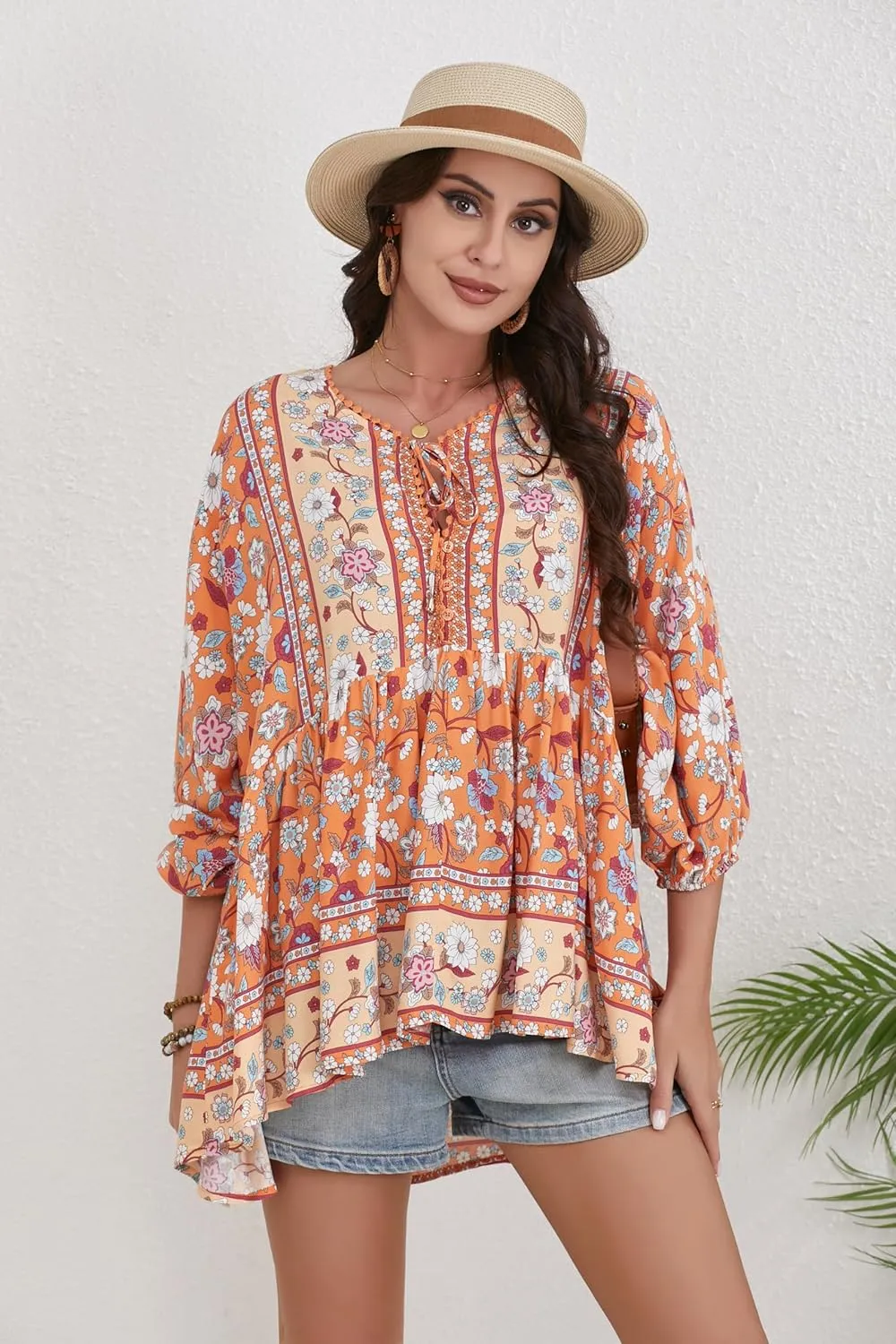 Women Boho V-Neck 3/4 Sleeves Tunic Top Relaxed Fit Casual Print Blouse