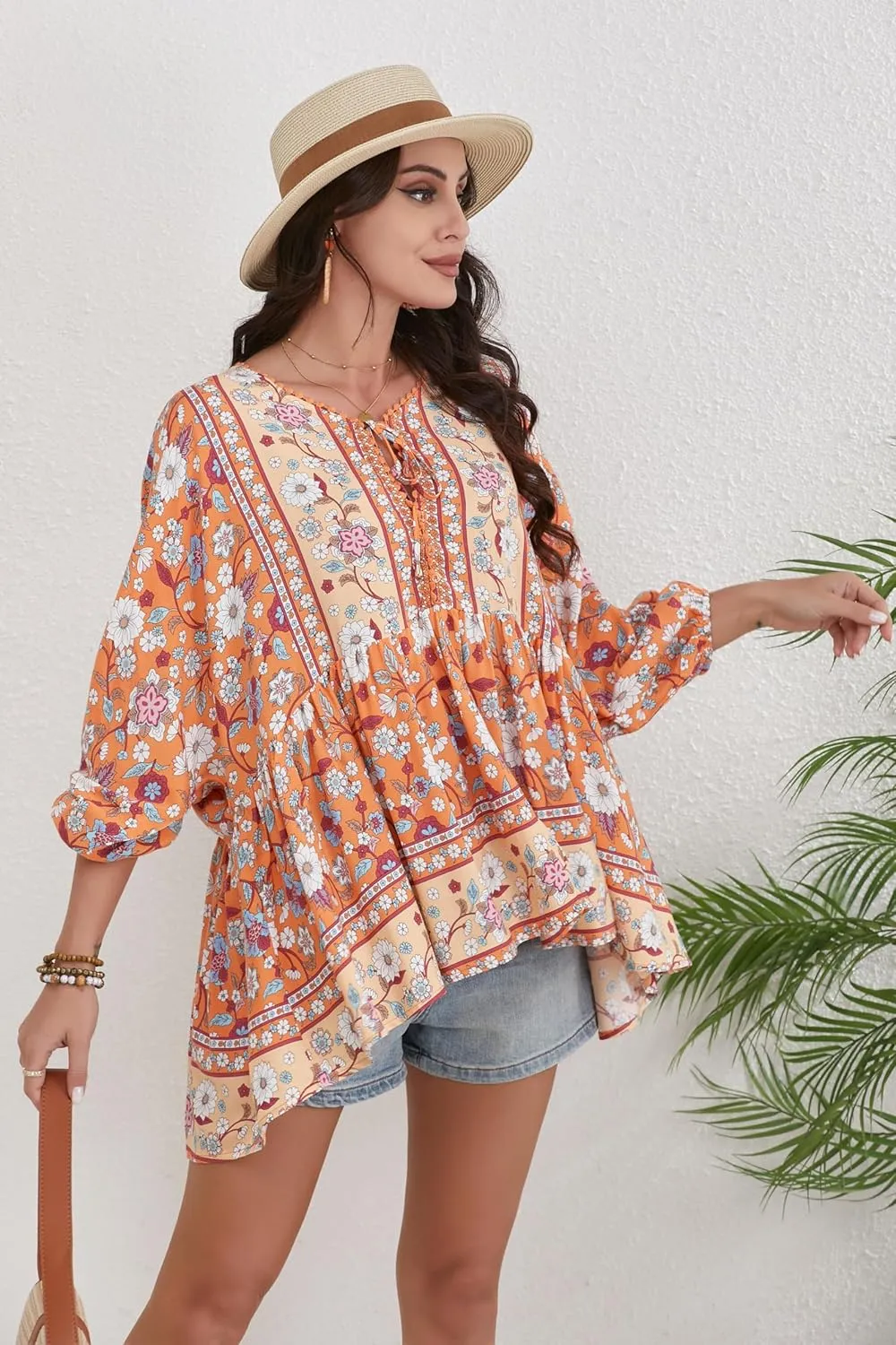 Women Boho V-Neck 3/4 Sleeves Tunic Top Relaxed Fit Casual Print Blouse