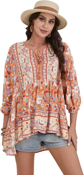 Women Boho V-Neck 3/4 Sleeves Tunic Top Relaxed Fit Casual Print Blouse