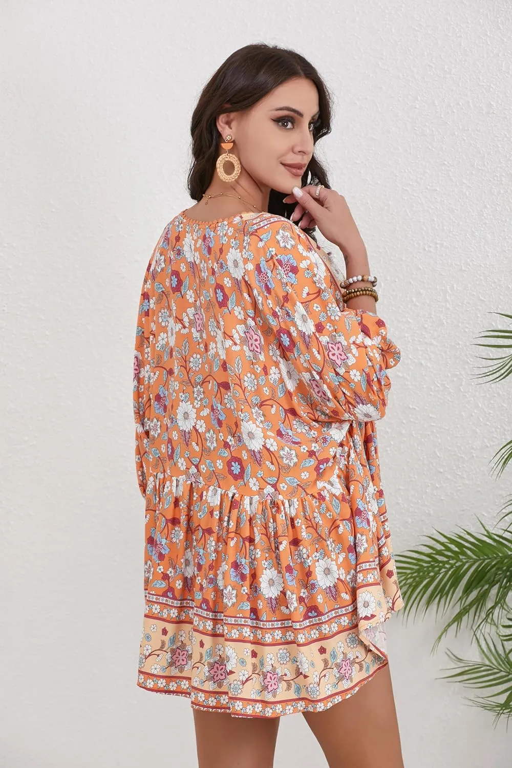 Women Boho V-Neck 3/4 Sleeves Tunic Top Relaxed Fit Casual Print Blouse