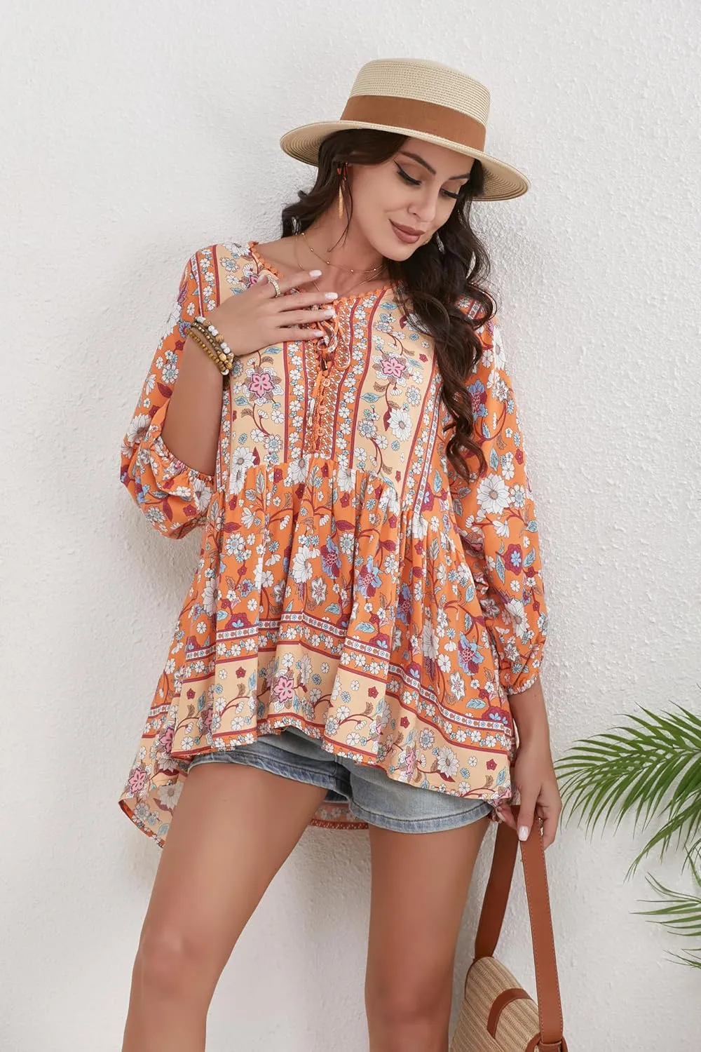 Women Boho V-Neck 3/4 Sleeves Tunic Top Relaxed Fit Casual Print Blouse