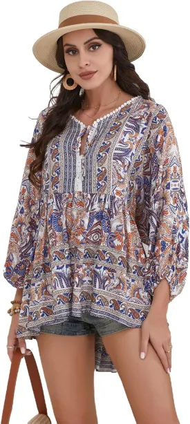 Women Boho V-Neck 3/4 Sleeves Tunic Top Relaxed Fit Casual Print Blouse
