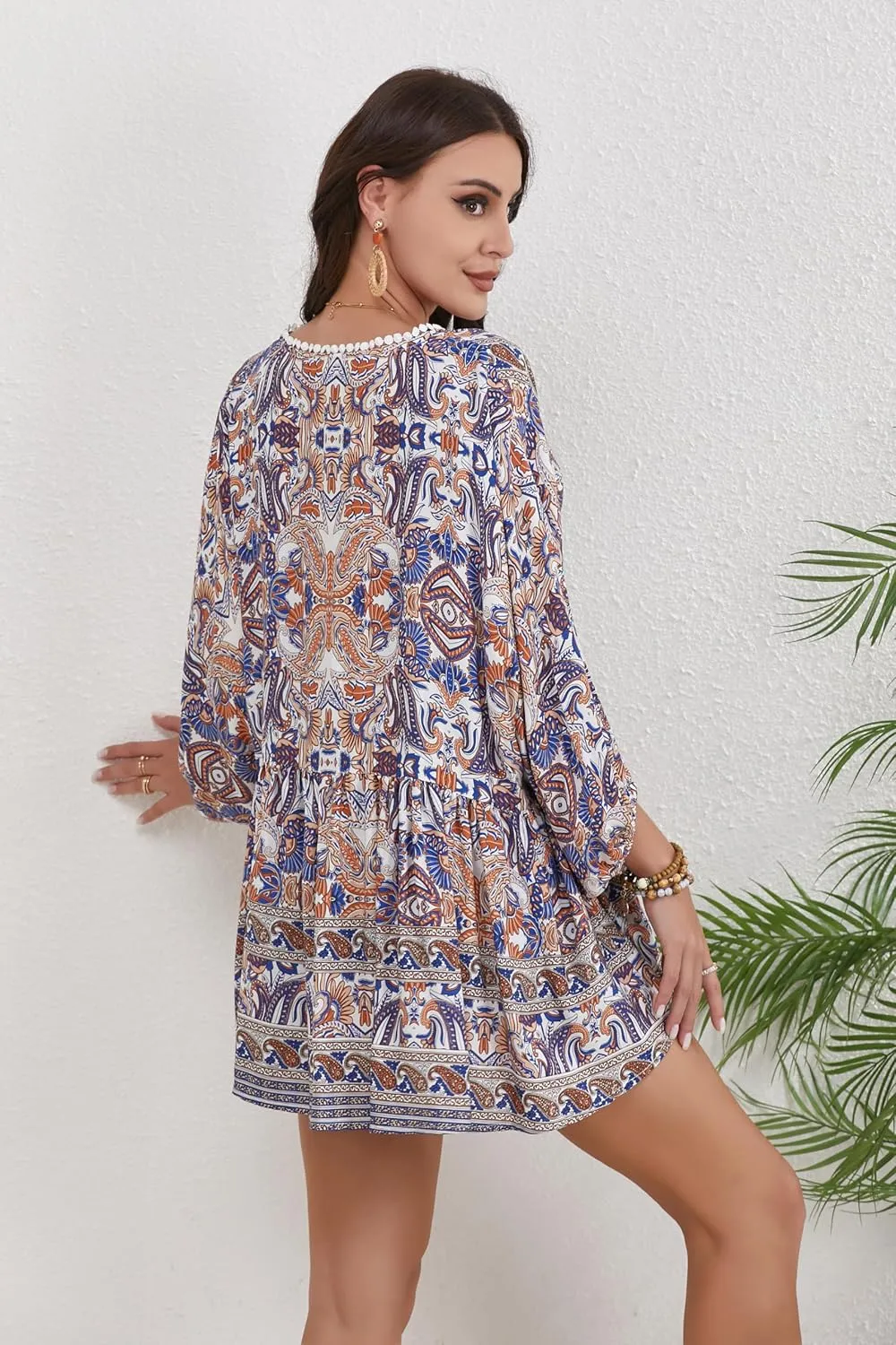 Women Boho V-Neck 3/4 Sleeves Tunic Top Relaxed Fit Casual Print Blouse