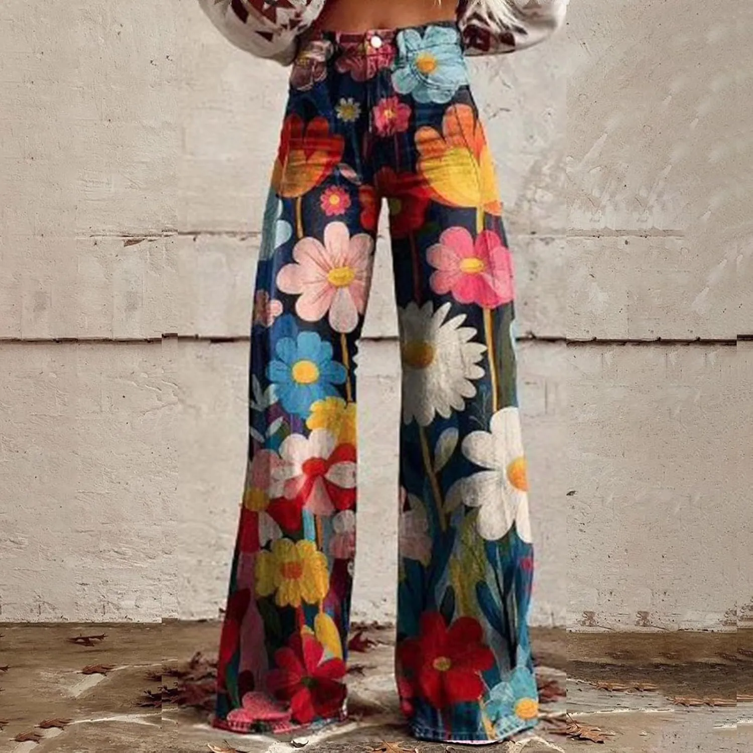 Women Wide Leg Casul Pants Vintage Floral Print High Waisted Straight Stretch Pants with Pockets