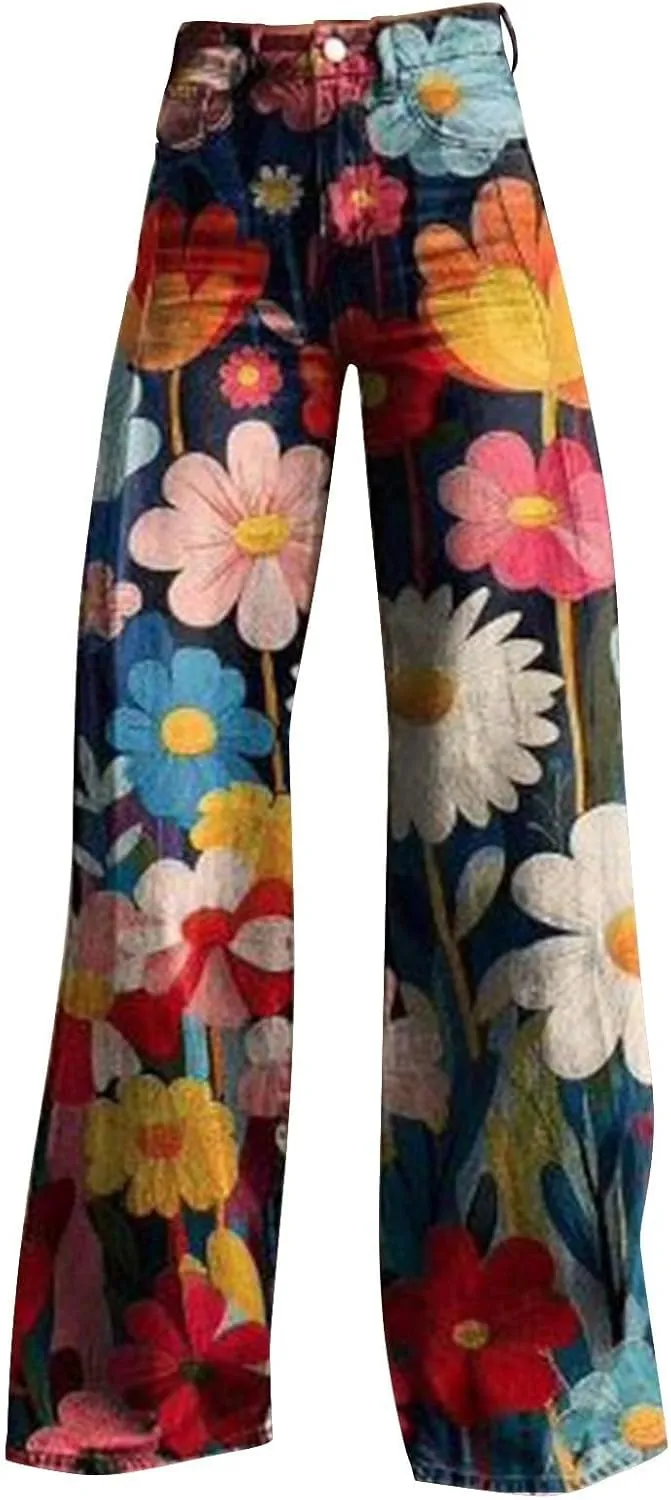 Women Wide Leg Casul Pants Vintage Floral Print High Waisted Straight Stretch Pants with Pockets