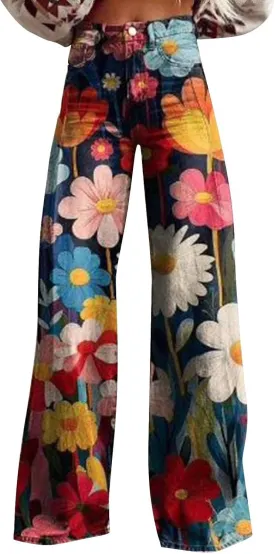 Women Wide Leg Casul Pants Vintage Floral Print High Waisted Straight Stretch Pants with Pockets