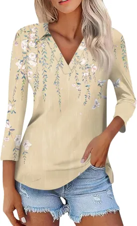 Women's 3/4 Sleeve Tops Polo Shirts V Neck Collared Tshirt Cute Printed Tee Blouse Casual Three Quarter Sleeve Tops