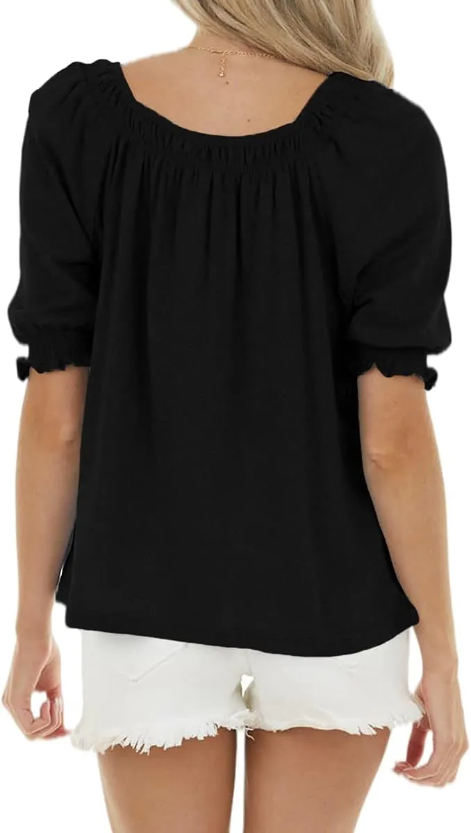 Womens Casual Square Neck Puff Half Sleeve Tops Pleated Loose Basic Summer T Shirts Blouses