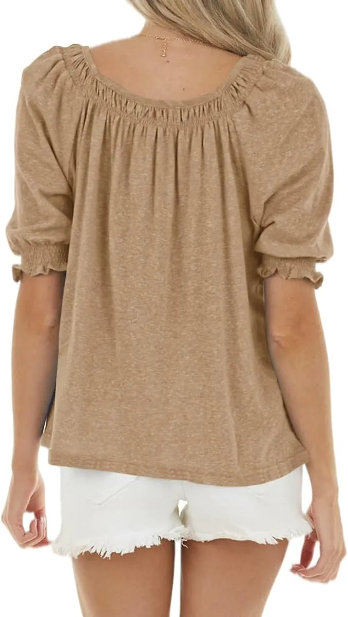 Womens Casual Square Neck Puff Half Sleeve Tops Pleated Loose Basic Summer T Shirts Blouses