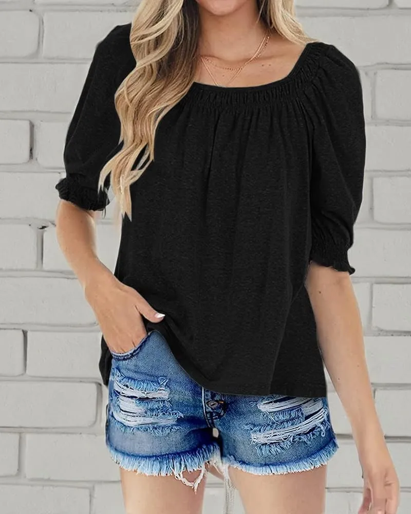 Womens Casual Square Neck Puff Half Sleeve Tops Pleated Loose Basic Summer T Shirts Blouses