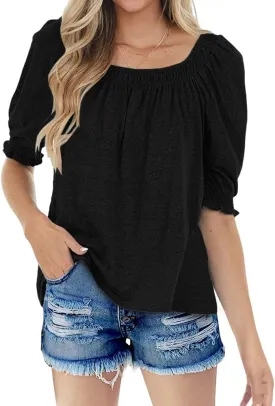 Womens Casual Square Neck Puff Half Sleeve Tops Pleated Loose Basic Summer T Shirts Blouses